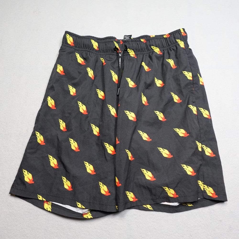 Hodo Athletic Swim Shorts Men L Black Flame Print 9 Inch Lined Mesh Pockets Gym